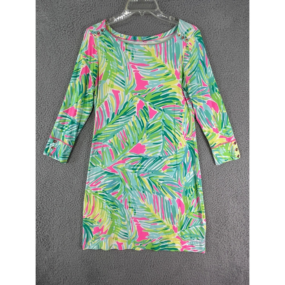 Lilly Pulitzer Dress Women M Multicolor Tropical Palm Leaf Knit Shift 3/4 Sleeve